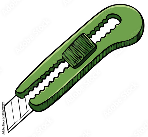 Green utility knife with a retractable blade and wavy edge detail
