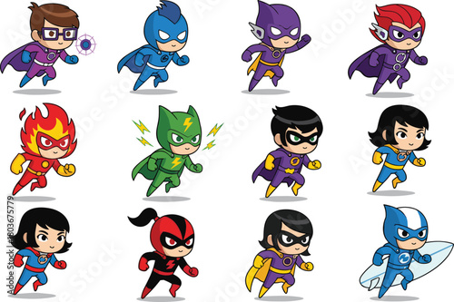 Cute cartoon superhero kids, running action, colorful costume, comic, fantasy, energetic, hero character, mask, cape, playful illustration, dynamic pose, children, adventure, power, stars, comic 