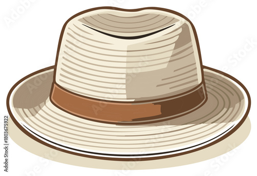 Classic cream colored fedora hat with a wide brim and brown band vector illustration