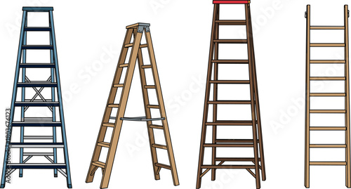 Different ladder types, A-frame and straight, metal and wood, isolated on white, construction tools, step ladder, vertical access, safety gear