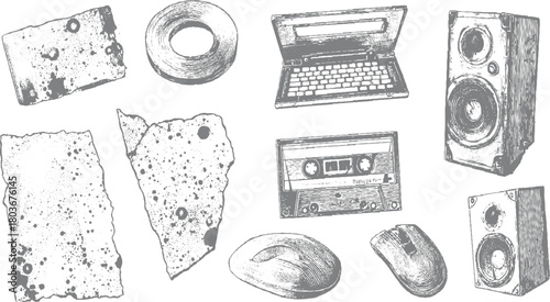 Vintage audio equipment and computer peripherals drawn in a sketchy grey style retro
