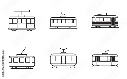 Set of Isolated Tram and Streetcar Icons Transport Vehicles Public Transportation Systems City Urban Transport Collection