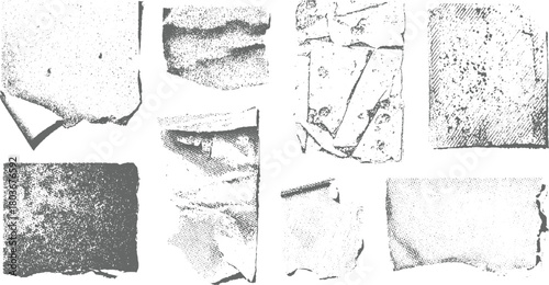Collection of eight distressed paper textures with torn edges and halftone dots grunge