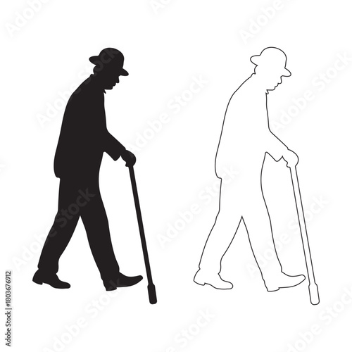 Elderly man silhouette and outline walking with cane