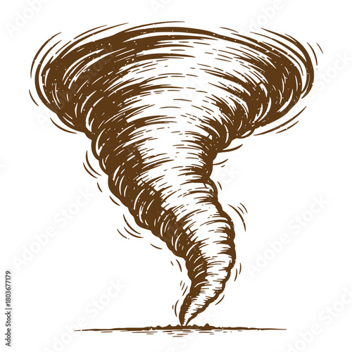 Hand drawn sketch of a powerful tornado swirling over a bare landscape