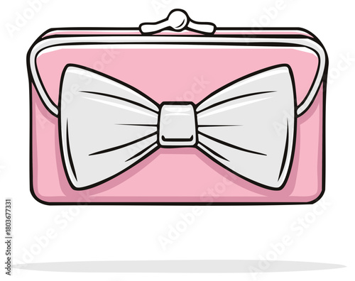 Cute pink clutch purse with a big white bow. Cartoon vector illustration of a feminine fashion accessory.