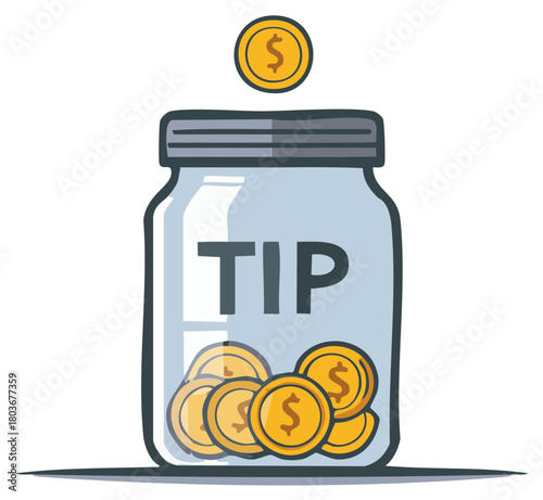 Illustrative Tip Jar with Falling Coin, Symbolizing Gratitude and Service Industry Support. Encouraging Patron Generosity