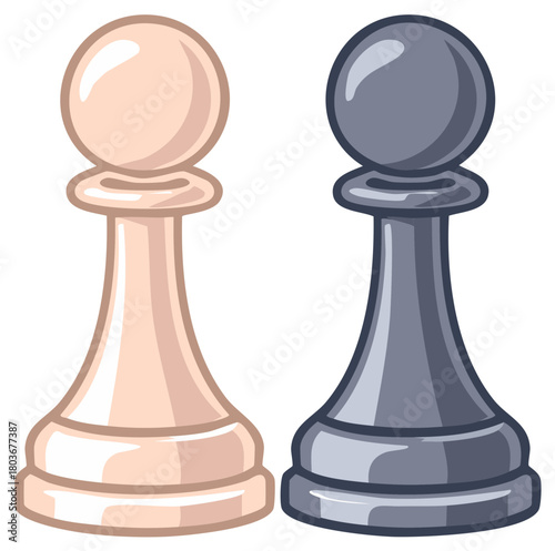 Two chess pawns, one light, one dark, vector illustration of a chess game piece