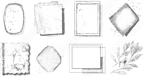 Collection of eight textured graphic elements including frames and a botanical illustration grunge border