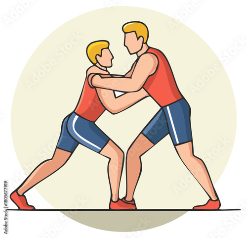 Two male wrestlers grappling in a competitive match cartoon illustration