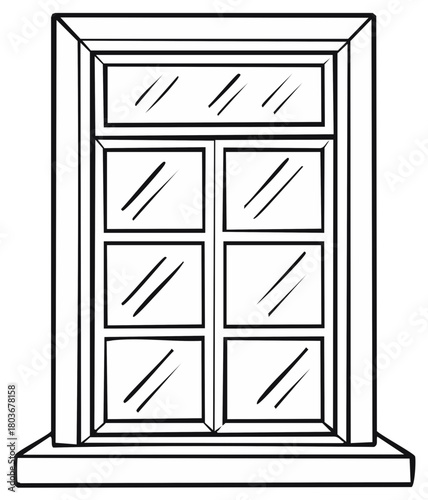 Black and white line art illustration of a classic window with multiple glass panes and a sill