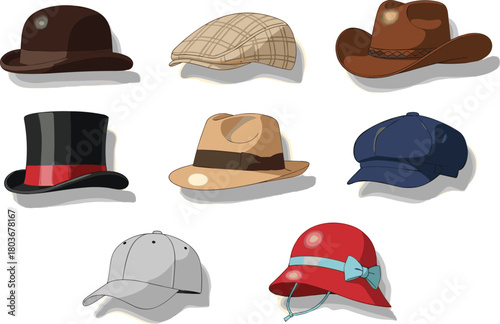 Hat collection illustration, fashion accessories, bowler hat, flat cap, cowboy hat, top hat, baseball cap, cloche, vector art, clipart