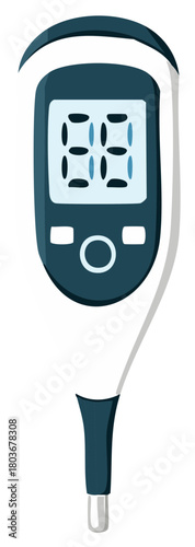Digital thermometer with glowing blue numbers displaying temperature measurement on a white background