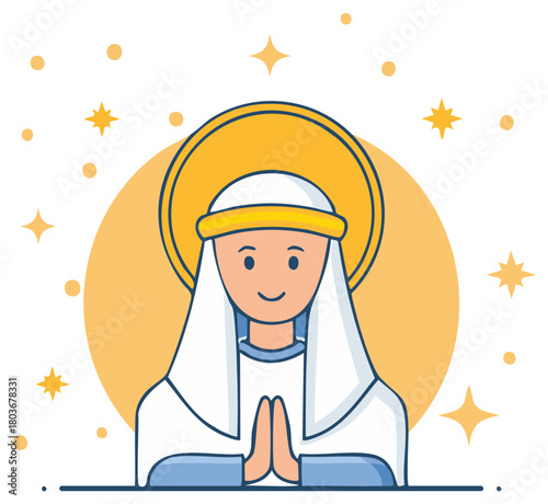 Cute cartoon illustration of the Virgin Mary praying with a halo and stars