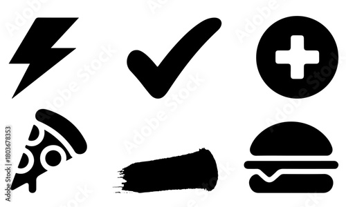 Five black icons arranged on white backdrop consisting of pizza slice burger electricity sign checkmark and add symbol
