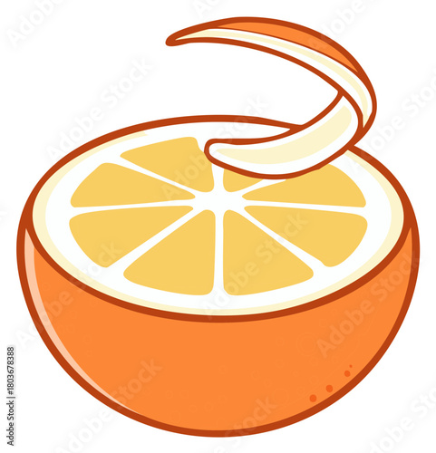Freshly cut orange half with a curling peel vector illustration healthy citrus fruit snack