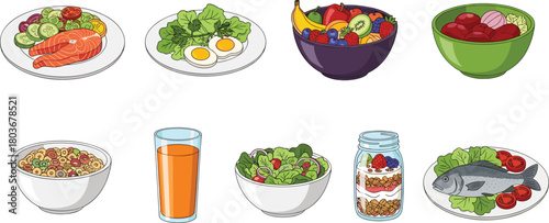 Healthy food illustration, balanced meals, fruits, vegetables, protein, cereal, juice, yogurt, cartoon style, nutrition concept, vector art
