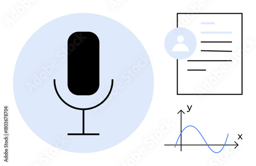 Microphone with smartphone icon, profile document, graph showing analysis. Ideal for technology, communication, data, analytics, voice recognition education management. Simple flat metaphor