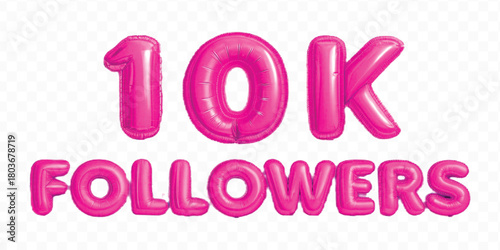 abstract 3d 10K FOLLOWERS typography text made by with different color foil balloons style isolated on transparent background