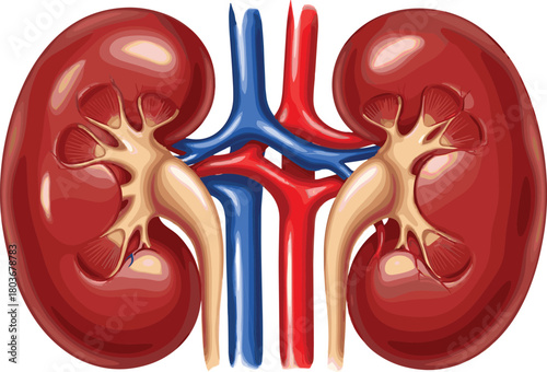 Human kidney anatomy, renal system illustration, blood vessels, renal artery, renal vein, ureter, medical diagram, healthcare, biology, education, internal organs, urinary system, nephrology,