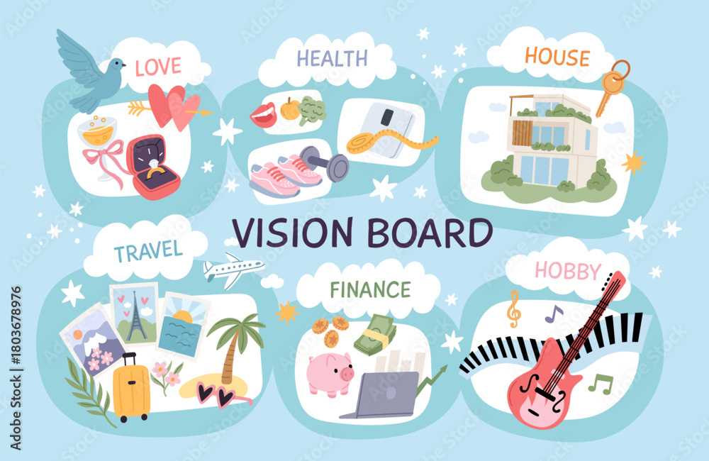 Obraz premium Vision board. Pictures with goals and dreams, material values, love, health, motivation and planning, visionary examples travel, finance and hobby, strategy garish vector cartoon flat set
