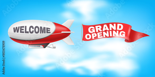 Zeppelin with advertising banner in sky. Grand opening. Realistic dirigible with red flag in sky. Shopping sale and discount. Promotional vintage transport. Isolated airship vector concept