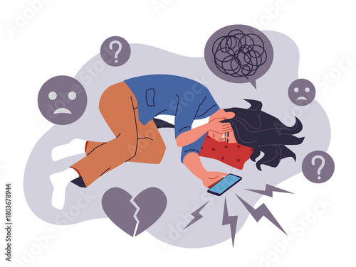 Woman is crying. Depressed character lying on floor in tears, frustration, life problems, negative emotions, sadness and loneliness, mental health disorder nowaday vector cartoon flat concept