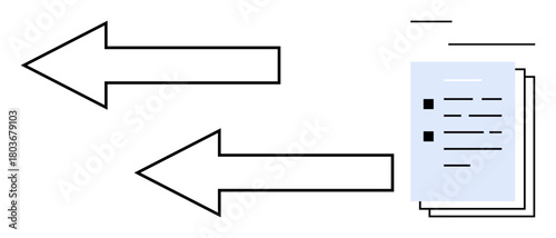 Two arrows facing opposite directions with a stack of papers, representing data transfer, sharing, or exchange. Ideal for teamwork, communication, processing, logistics, organization education