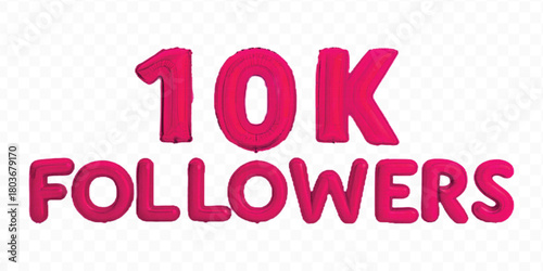 abstract 3d 10K FOLLOWERS typography text made by with different color foil balloons style isolated on transparent background