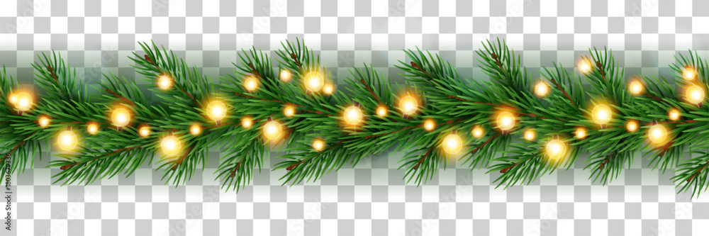 Obraz premium Realistic christmas seamless garland. Seamless xmas border isolated on transparent background. Glowing lights on spruce tree branches. Winter holiday decoration. New year bulb vector 3d concept