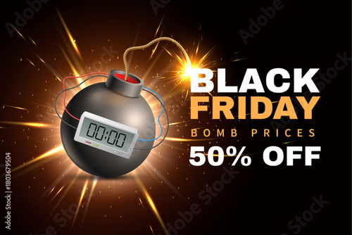 Realistic bomb discount poster. Black Friday sale. Explosive weapon with burning fuse and clockwork, holiday special offer. Marketing promotion banner. Realistic isolated vector concept