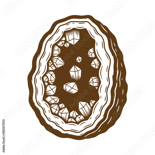 Intricate sketch of a brown geode with crystalline structures on a white background