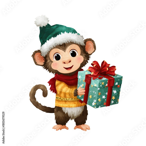 Festive monkey with gift box in holiday attire.