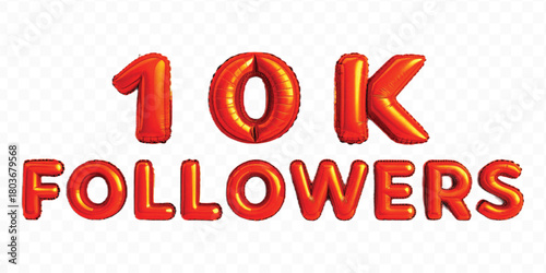 abstract 3d 10K FOLLOWERS typography text made by with different color foil balloons style isolated on transparent background