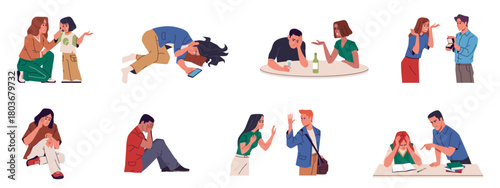 People crying. Men and women in tears, stress and depression, joy strong emotion, sad frustrated and happy consoling empathic characters, mental health nowaday vector cartoon isolated set