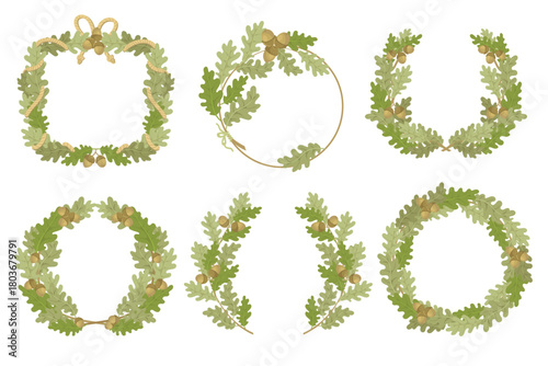 Oak branches wreaths. Decorative botanical frames with green leaves, acorns, different shapes, intertwining tree sprigs, botanical design elements, organic splendid vector isolated set