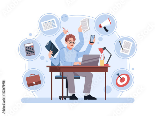 Multitasking businessman character. Active office worker with many hands, simultaneous tasks execution, man sitting at desk, effective work, cartoon flat isolated tidy vector concept