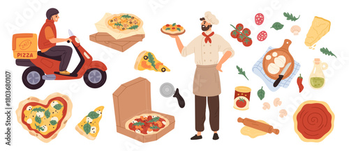 Italian pizzeria elements. Ingredients and chief character, pizza delivery man on scooter, basil, tomatoes, mozzarella, traditional culinary garish vector cartoon flat style isolated set