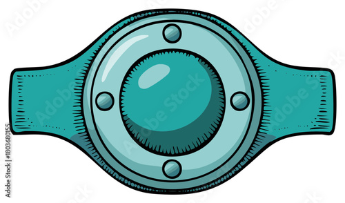 Cartoon Drawing of a Metal Bracelet with a Circular Center and Four Decorative Rivets, Isolated
