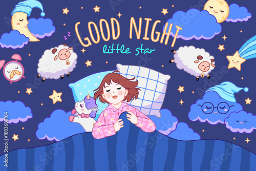 Happy bedtime card. Little girl in pajama sleeps in bed with unicorn soft toy, good night banner, childish sweet dream, clouds and stars, night sky cartoon isolated tidy vector concept