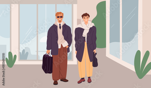 Fashionable couple on street. Funny people in casual outfits, guys in trendy demi season outlets, shopping time, contemporary jacket and coat, cartoon flat isolated garish vector concept