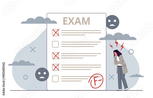 Failing exam. Sad girl who failed online test, student made mistake, missing points, marking incorrect options, education and knowledge, crying character nowaday vector cartoon flat concept