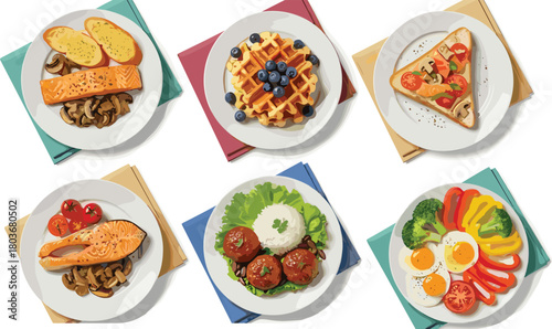 Plated meals variety, grilled salmon, meatballs, vegetables, waffle, toast, healthy food, colorful presentation, isolated, culinary design, nutrition