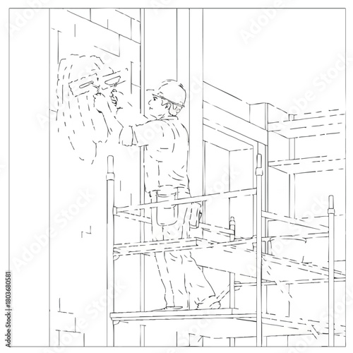 A diligent construction worker, wearing a protective hard hat, meticulously applies plaster to a wall while working safely on scaffolding at a busy building site.