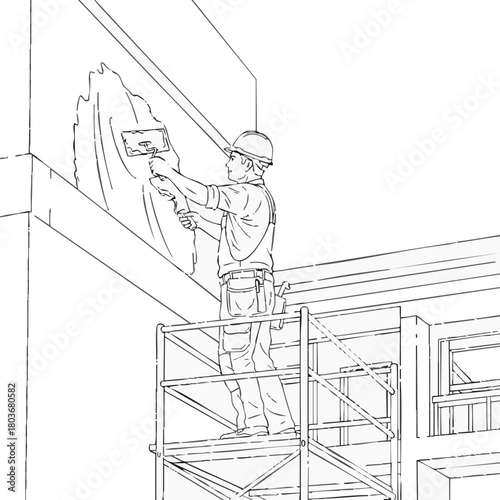 An illustration depicts a skilled construction worker meticulously applying plaster to a building's exterior wall from sturdy scaffolding.