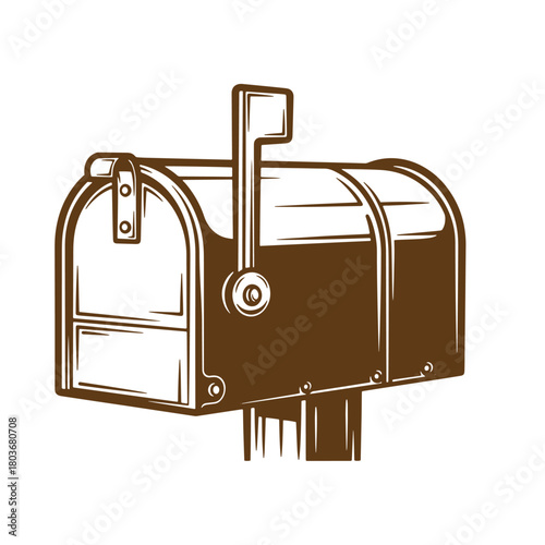 Vintage brown sketch illustration of a classic metal mailbox on white background