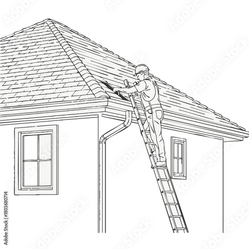 A diligent worker safely cleans the clogged gutters of a residential home, ensuring proper drainage and preventing potential water damage to the property structure.