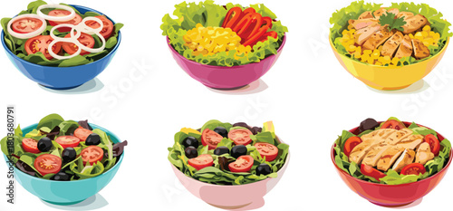 Salad bowl illustration, healthy food, vegetable mix, grilled chicken, cherry tomatoes, leafy greens, colorful meal, vector art, nutrition, freshness