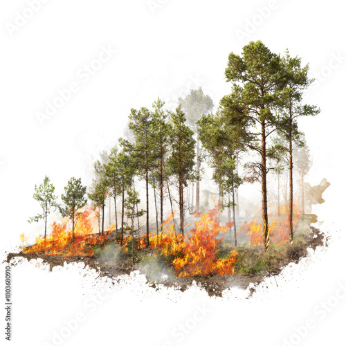 Wildfire burning pine trees causing forest destruction