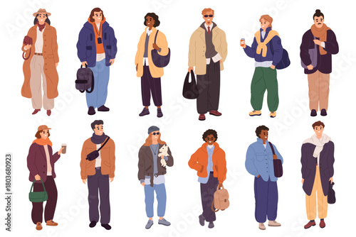 City people in casual wear. Current images in clothing, men and women with multi layered outfits standing, fashion accessories, contemporary character cartoon isolated garish vector set
